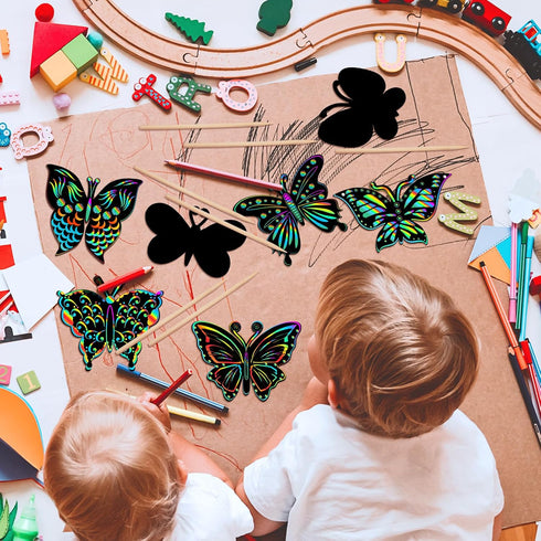 Sratte 120 Pcs Butterfly Scratch Cards 12 Styles Rainbow Spring Scratch Crafts Butterfly Party Favors with 60 Bamboo Stylus Kids' Paper Craft Kits for DIY Home Decoration Art Games by Sratte