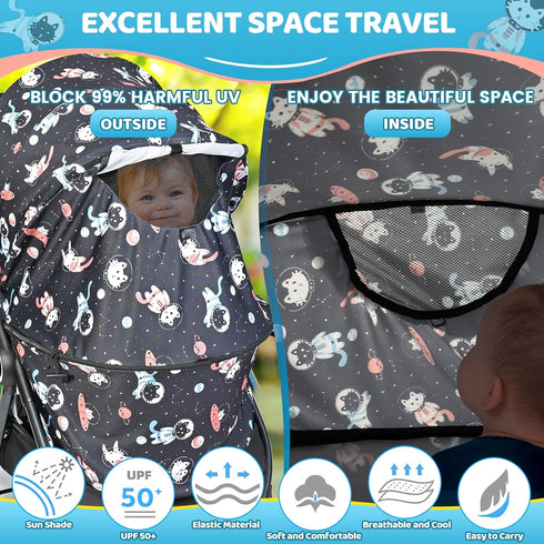 Orzbow Universal Sun Shade for Stroller, Detachable UPF 50+ Stroller Cover for Sun with See Through Mesh Window, Breathable Sunshade Cover - Stroller Canopy Extender, Baby UV Sun Protection, Cute Cat