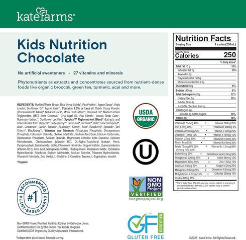 8g 27 8.45 oz (12 Pack) KATE FARMS Organic Kids Nutrition Chocolate Shake, Protein, Vitamins and Minerals, Meal