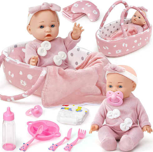 Golray 12" Soft Baby Doll Set with Accessories Bassinet Carrier, 13 Pcs