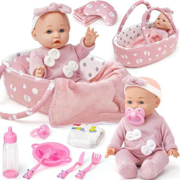 Golray 12" Soft Baby Doll Set with Accessories Bassinet Carrier, 13 Pcs