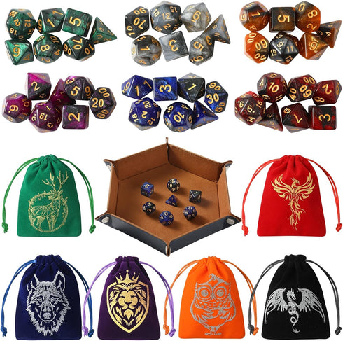 DND Dice Set, 42 Pcs Polyhedral Dice Set with Colorful Animal Pattern Dice Bag and PU Leather Dice Tray