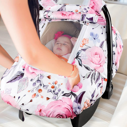 2 Floral Baby Carseat Cover Girls, Pea Pod Infant Car Seat Covers Canopy for Newborn with Layers Windows of Breathable