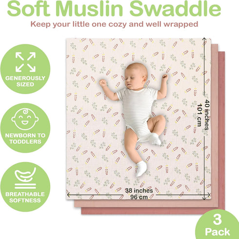 100% 3 Pack 38x40 Inch) Organic Cotton Muslin Baby Blanket - Breathable Swaddle, Hypoallergenic Double-Layer, Versatile