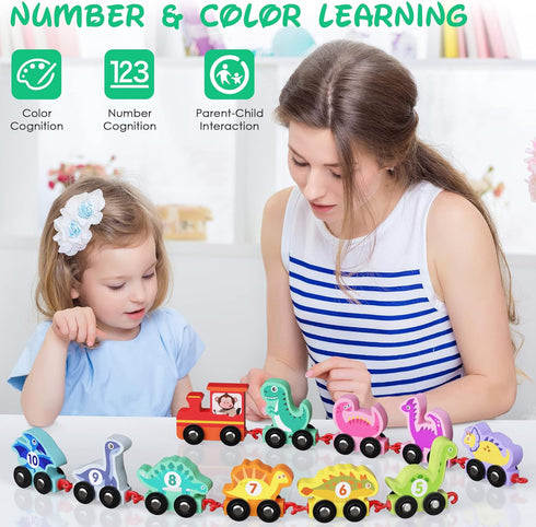 HELLOWOOD Dinosaur Toys for Toddlers Age 2-4, Wooden Dinosaur Train Set with Playmat and Storage Bag