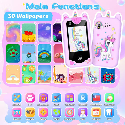 Lurkir 2.8 3 4 5 6 7 8 9 Kids Smart Phone Toys for Girls - Touchscreen Cell Phone for Kids Age Year Old with Dual