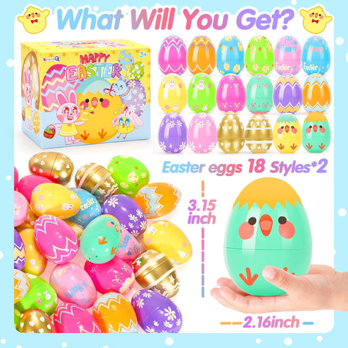 36 3.15" SevenQ Plastic Easter Eggs Empty Fillable Pcs Printed Colorful Egg for Hunt Basket Stuffers for Teens Pinata