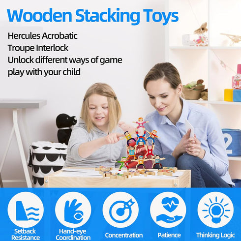 16Pcs Wooden Stacking Toys, Circus Hercules Acrobatic Troupe Toy, Balancing Building Blocks Game for 3-6 Years