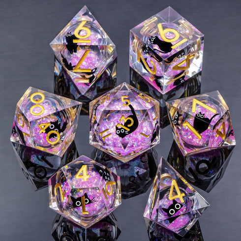 Set 7Pcs D20 D12 D10 D8 D6 D4, Roycevon Resin DND Dice with Gift Box, Liquid Core Cat D&D Dice, Cute Dungeons Dragons D