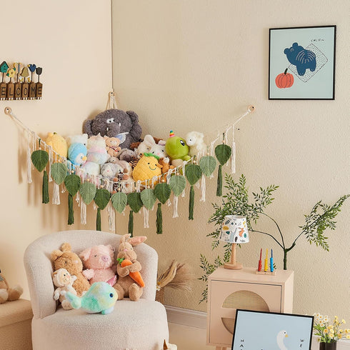 Hammock Pretty Jolly Stuffed Animal Storage with Hand Woven Leaf Tassels Corner Hanging Net Boho Macrame Plush Storage