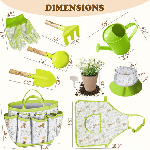 Set 18PCS Set Kids Gardening Tool Kids Toddler Gardening Includes Tote Bag Watering Can Apron Hat Rake Shovel Spoon