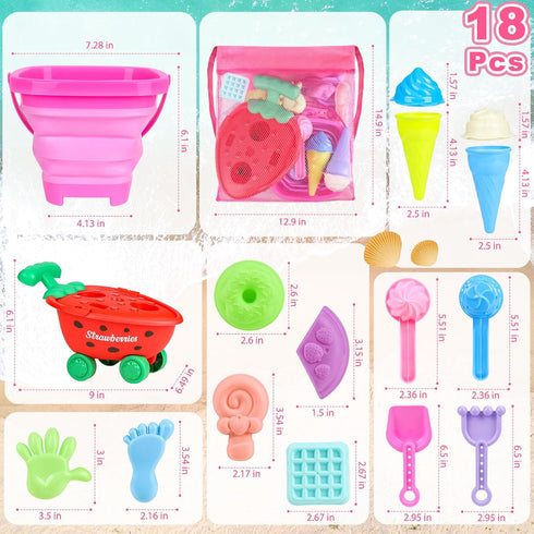 Meaicezli Summer 3-5 Beach Toys, Ice Cream Sand Toys with Collapsible Beach Bucket, Ice Cream Scoop and Cart, Sand