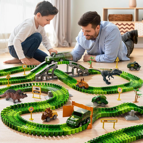 iHaHa 169 PCS Dinosaur Race Car Track Toys for Kids Ages 1-7 with Light, Sound & Spray, Birthday Gifts for Boys