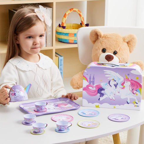 JOYIN Unicorn Tea Party Set, Pretend Purple Tin Teapot Set for Little Girls, Birthday Gift for Ages 3-6