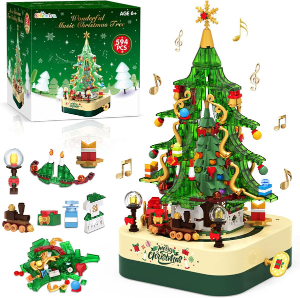 Shemira 594 PCS Christmas Tree Building Block Toy Set, Rotating Christmas Music