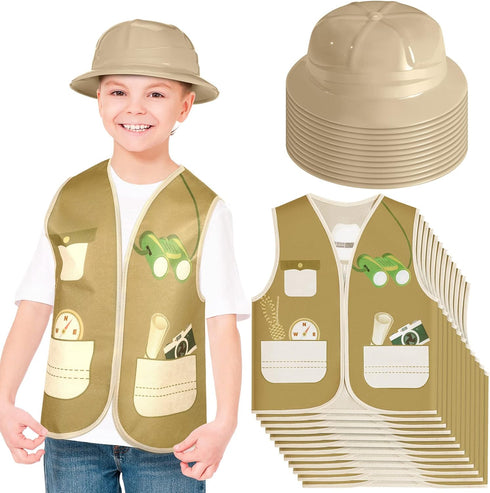 24 Pcs Kids Explorer Costume Sets - 12 Safari Vests and 12 Jungle Party Hats for Outdoor Activity Favors