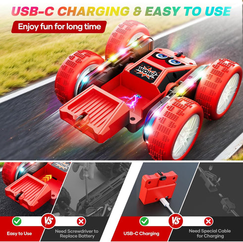 360 2.4 8-12 3+ WayEee Remote Control Car, Flips RC Stunt Car with LED Lights Strips, Type-C Charge Modular Battery