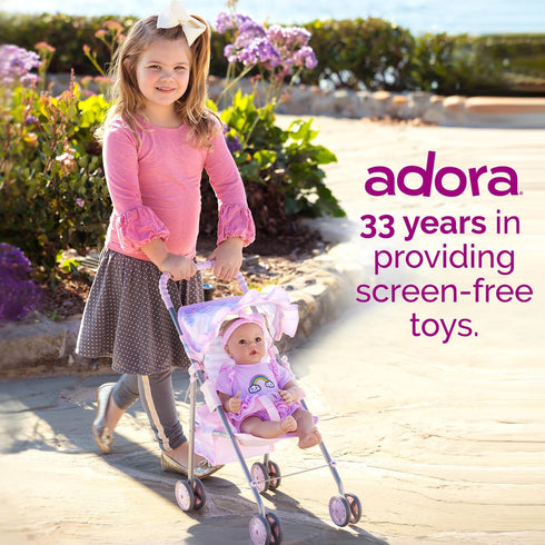 3+ Adora Baby Doll Stroller with Umbrella Shade & Ruffle Trim, Adjustable Sun Cover and Doll Accessory Storage