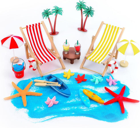 25 Pcs Beach Miniature Dollhouse Decoration, Umbrella Palm Chair Toys for DIY Garden Pool