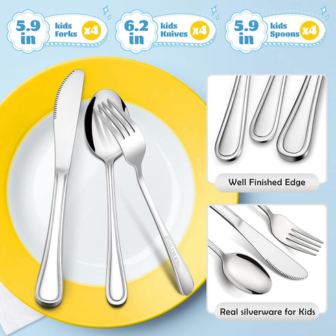 E-far 12-Piece Kids Silverware Set, Stainless Steel Toddler Utensils, Includes 4 Forks, 4 Spoons, 4 Knives, Dishwasher