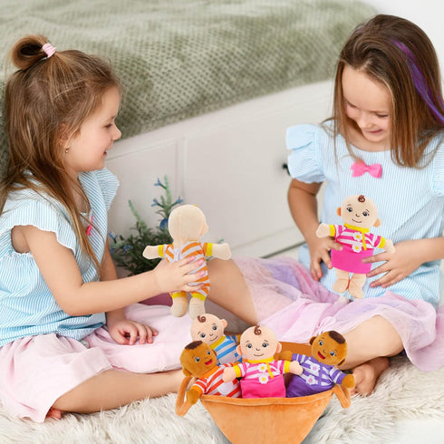 8" 6 Set Basket of Babies Plush Dolls, Plush Diversity Baby Dolls- Piece Interchangeable Clothes Stuffed Plush Figures