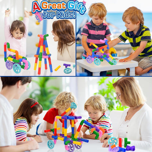 FUBAODA STEM Learning Pipe Tube Toys, 96 Pcs Multicolor Building Blocks Set with Wheels, Spouts & Joints for Kids Ages