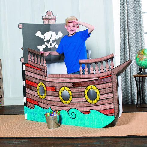 5 10" 4 8 1/2" Fun Express Ft. x Ft. Color Your Own Pirate Ship White Cardboard Playhouse - Great for School, Daycare