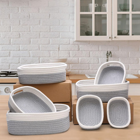 HLWDFLZ 7 Set Piece Cotton Rope Woven Basket - Small Basket for Baby Nursery, Pets, Montessori, Dog & Cat Toy Boxes