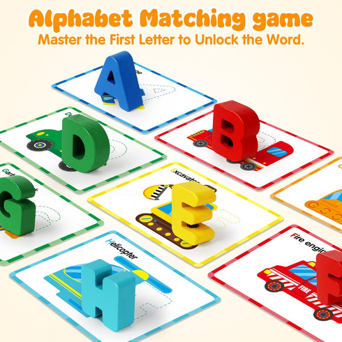 52 Vanmor Wooden Vehicle Alphabet Puzzle for Toddlers, Traffic ABC Letter Sight Words Matching Game with Blocks