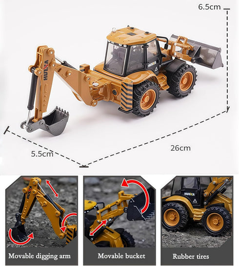 1:50 Gemini&Genius Backhoe Loader Toy for Kids, Heavy Duty Wheeled Excavator Loader Construction Vehicle Toys Scale