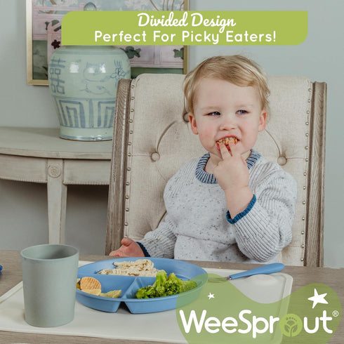 WeeSprout Divided Bamboo Plates for Kids, Food Grade Natural Bamboo, Kid-Sized Reusable Tableware, Dishwasher Safe, Set