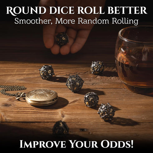 Metal DND Dice Set - Unique Round Hollow Orb Design for Better Rolling - Cthulhu Metal Dice for RPG (Black Gold)