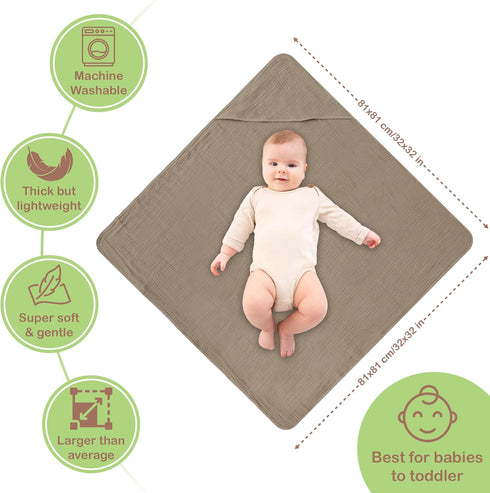 100% 32x32 Inch 2 Pack Organic Cotton Muslin Baby Hooded Towels Soft & Absorbent Hooded Baby Towels For Boys & Girls