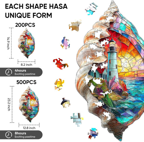 500 Decor,12.8x23.2 inch Ixfyloop Lighthouse Wooden Puzzles for Adults, Seashell Jigsaw Puzzles Pieces, Unique Design