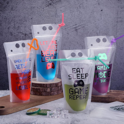 Video Game Party Favors Drink Pouch Cups with Straws, Reusable Clear Zipper Bags for Birthday Party Decor