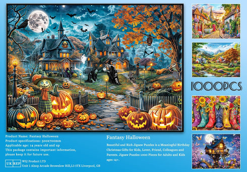 1000 1000 Halloween Puzzle for Adults Pieces Bats Full Moon Haunted House Witches Pumpkins Jigsaw Puzzles for Adults