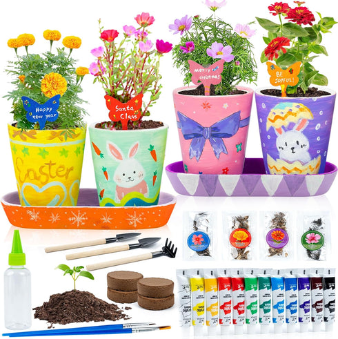 RGBDOT Kids Gardening Set Paint and Plant Stoneware Flower Gardening Kit with 4