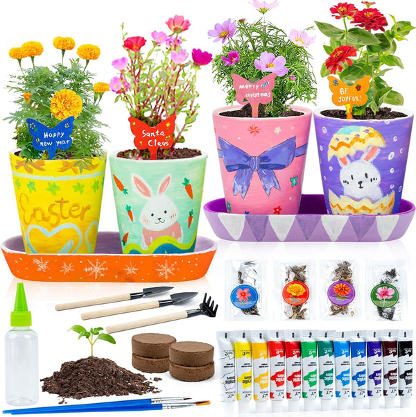 RGBDOT Kids Gardening Set Paint and Plant Stoneware Flower Gardening Kit with 4