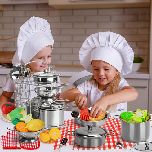 Hayuyuxo 95PCS Playset, Set Kids Pretend Play Kitchen Toys Accessories, Kids Kitchen Stainless Steel Cookware Pots