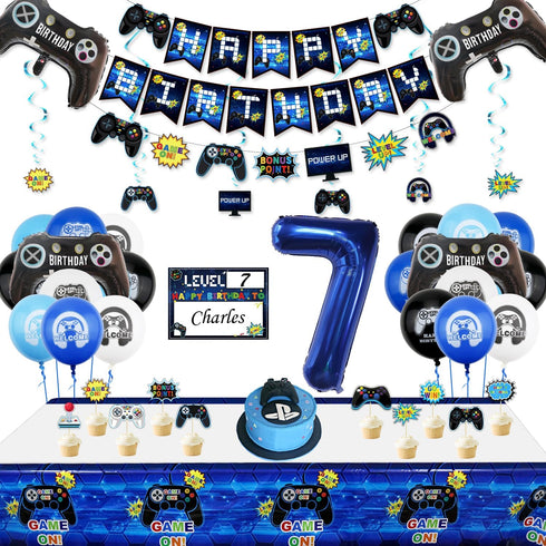 Video Game Party Decorations for 7th Birthday, HAPPY BIRTHDAY Banner, Balloons, Gaming Supplies