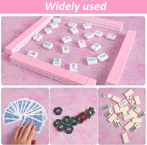 (31.5 inches) Pink Mahjong Mat, Mahjong Table Mat with Prints & Extra Dice, for Poker, Card, Mahjong, Dominoes Games