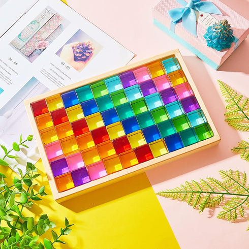 Meooeck 60 Pcs Acrylic Gem Cubes, Translucent Rainbow Building Blocks, Educational Sensory Training Toys with Storage