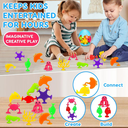 Toddler Suction Bath Toys: 18PCS Ocean Silicone Suction Cup Toys, Mold Free Bathtub Shower Toys for Ages 1-3