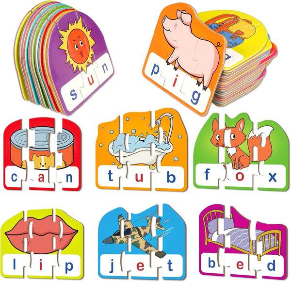 CVC Puzzle Cards for Kids, Phonics Games, Speech Therapy Toys for Toddlers, 3 Alphabet Letter Word Puzzles