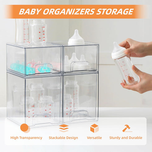 4 Pack Countertop Baby Bottle Organizer, Bottle Storage Organizer Baby with Labels, Clear Stackable Storage Drawers