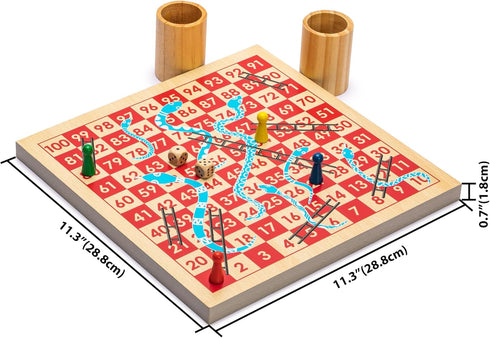 2-in-1 Set 11.3 inches Yellow Mountain Imports Reversible Wooden Snakes and Ladders, Ludo Game
