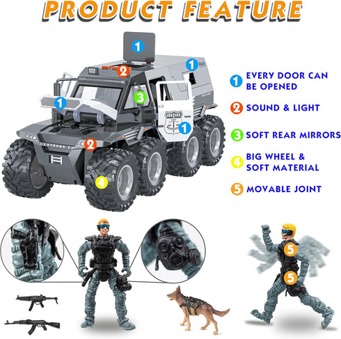 Police Car Toy, 8x8 Friction Powered with Light, Sounds, Openable Doors, Military Policeman & Dog for Boys 3-8