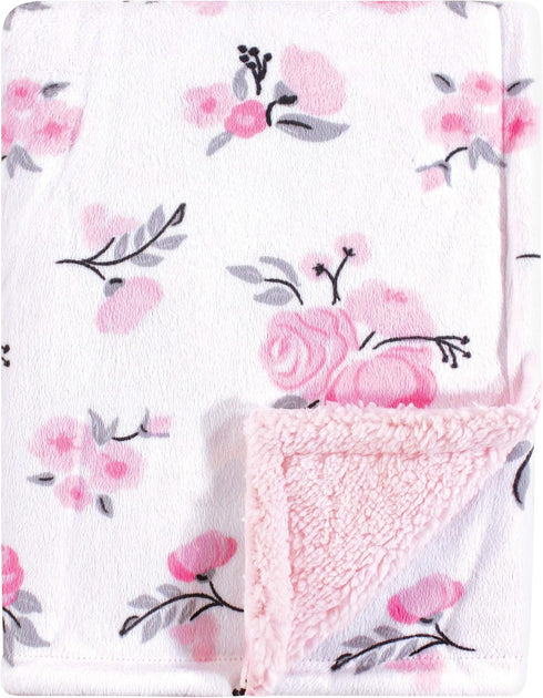 Hudson Baby Unisex Baby Plush Mink and Sherpa Blanket, Pink Floral, One
