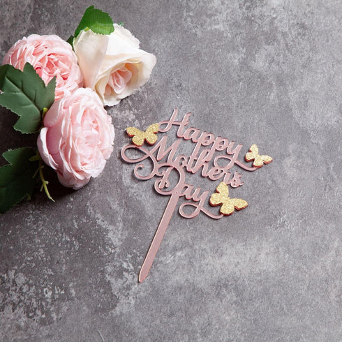 6 pcs Acrylic Cake Topper, Happy Mother's Day Decorative Party Cake Decoration with Rose Gold Butterfly