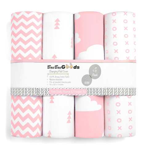 BaeBae Goods 4 Pack Premium Baby Changing Pad Covers Girl Pure Cotton Machine Washable Pink and White Changing Table